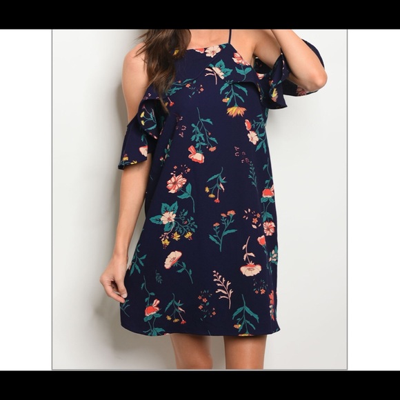 Deep Navy Floral off shoulder dress - Picture 7 of 8